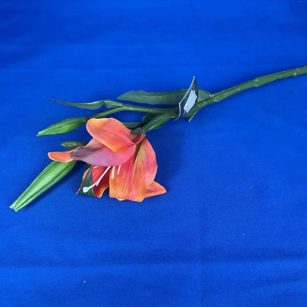 Realistic Artificial Coral Orange Lily Spray - Faux Floral Stem